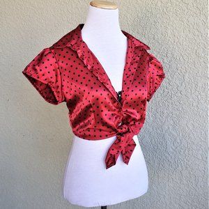 EUC Red Polka Dot Shiny Short Puff Sleeve Button Up Top Blouse Sz L